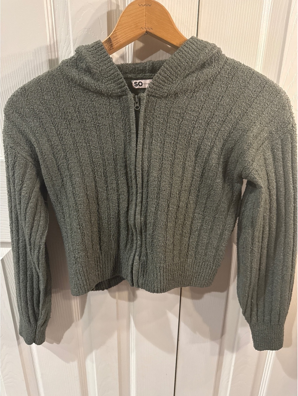 SO Women's XS Ribbed Zip-Up Hoodie Sweater in Gray